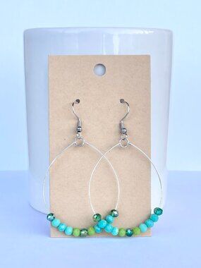 Handmade blue and green hoop/drop style feminine earrings